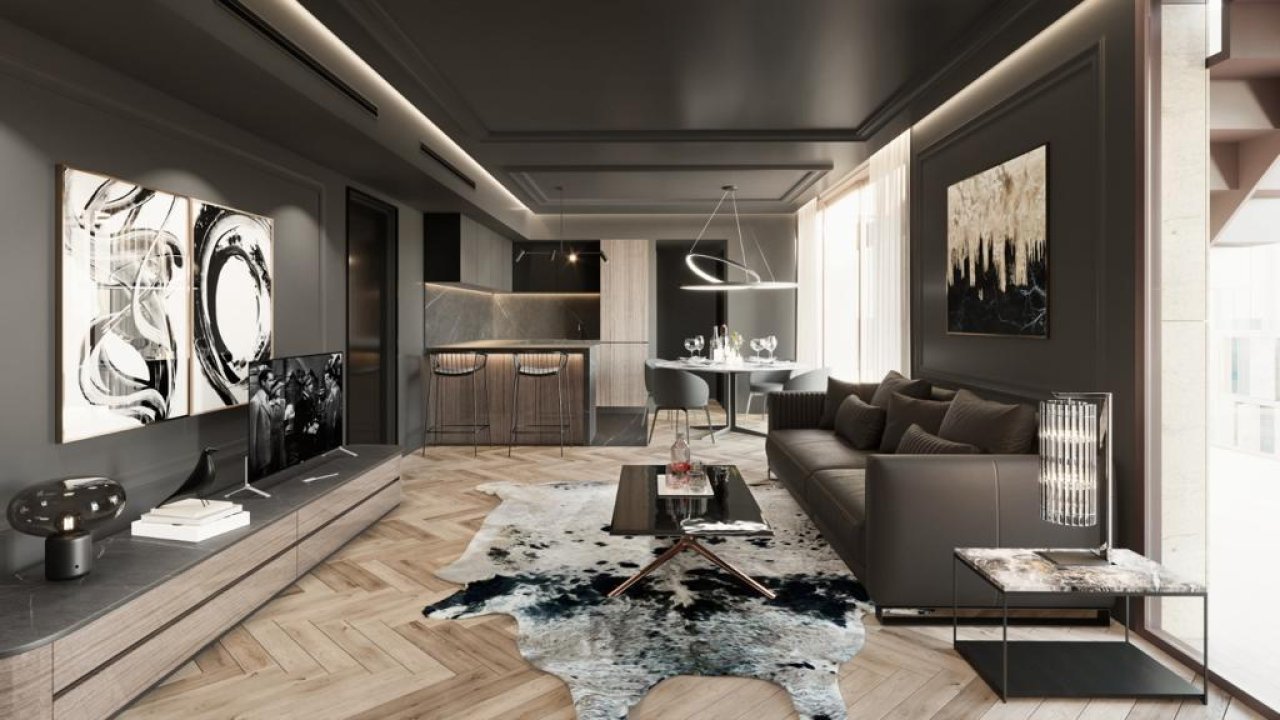 Sala de estar con barra de cocina integrada y conexión abierta del espacio – calidad de vida moderna en un solo nivel Sala de estar con barra de cocina integrada y conexión abierta del espacio – calidad de vida moderna en un solo nivel