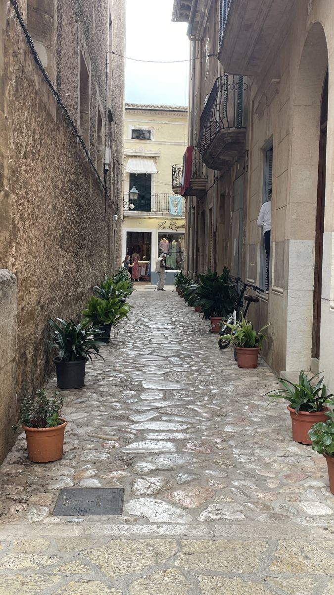 Mediterrane Altstadtgasse mit Blumentöpfen in Pollença auf Mallorca.
