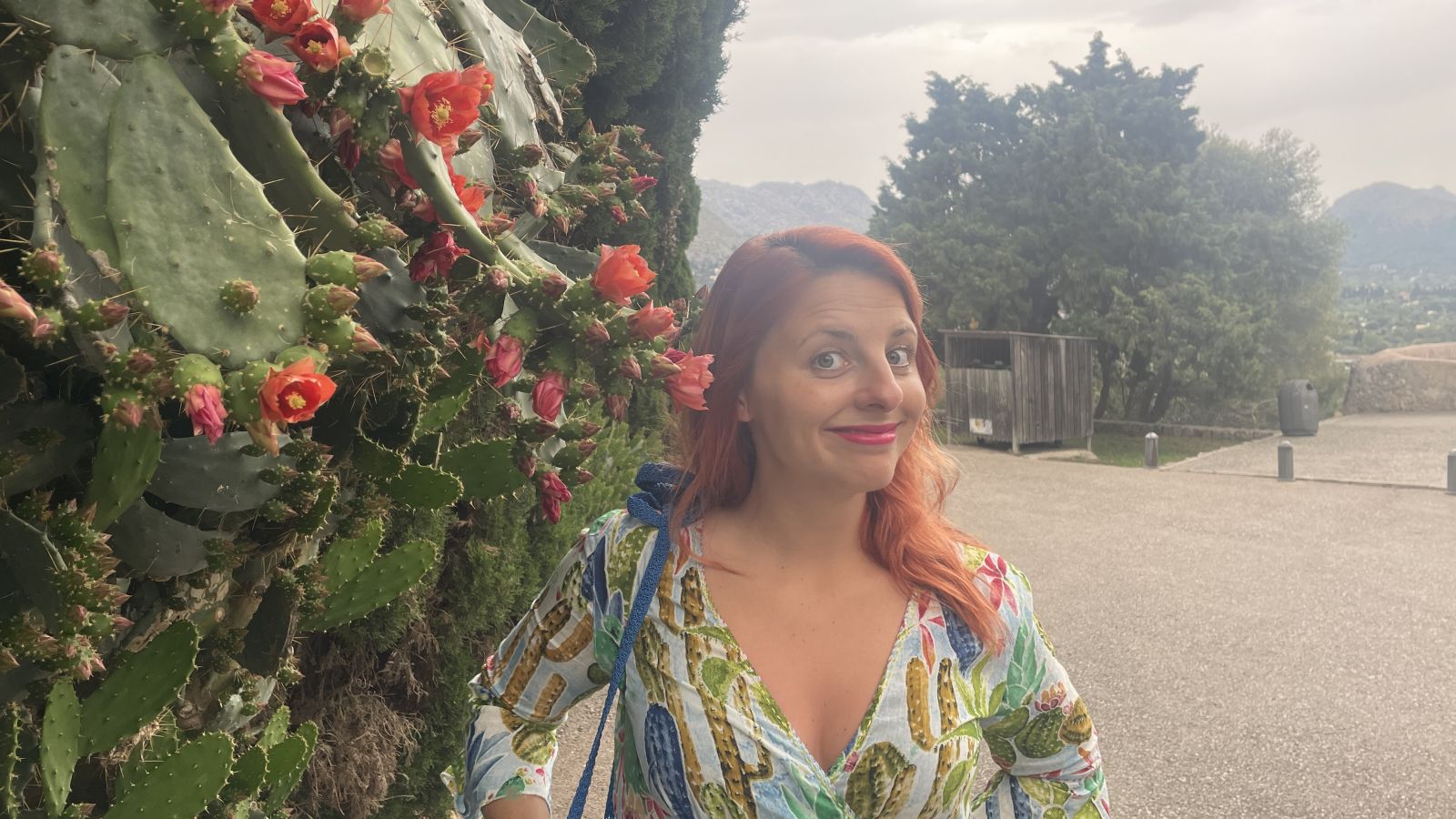 Ramona neben blühendem Kaktus in Pollença – mediterrane Pflanzenwelt.