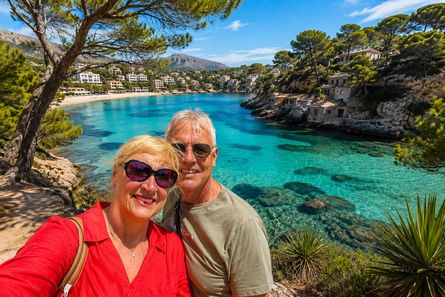 Camp de Mar oder Portals Vells mit türkisfarbenem Wasser und Pinien auf Mallorca