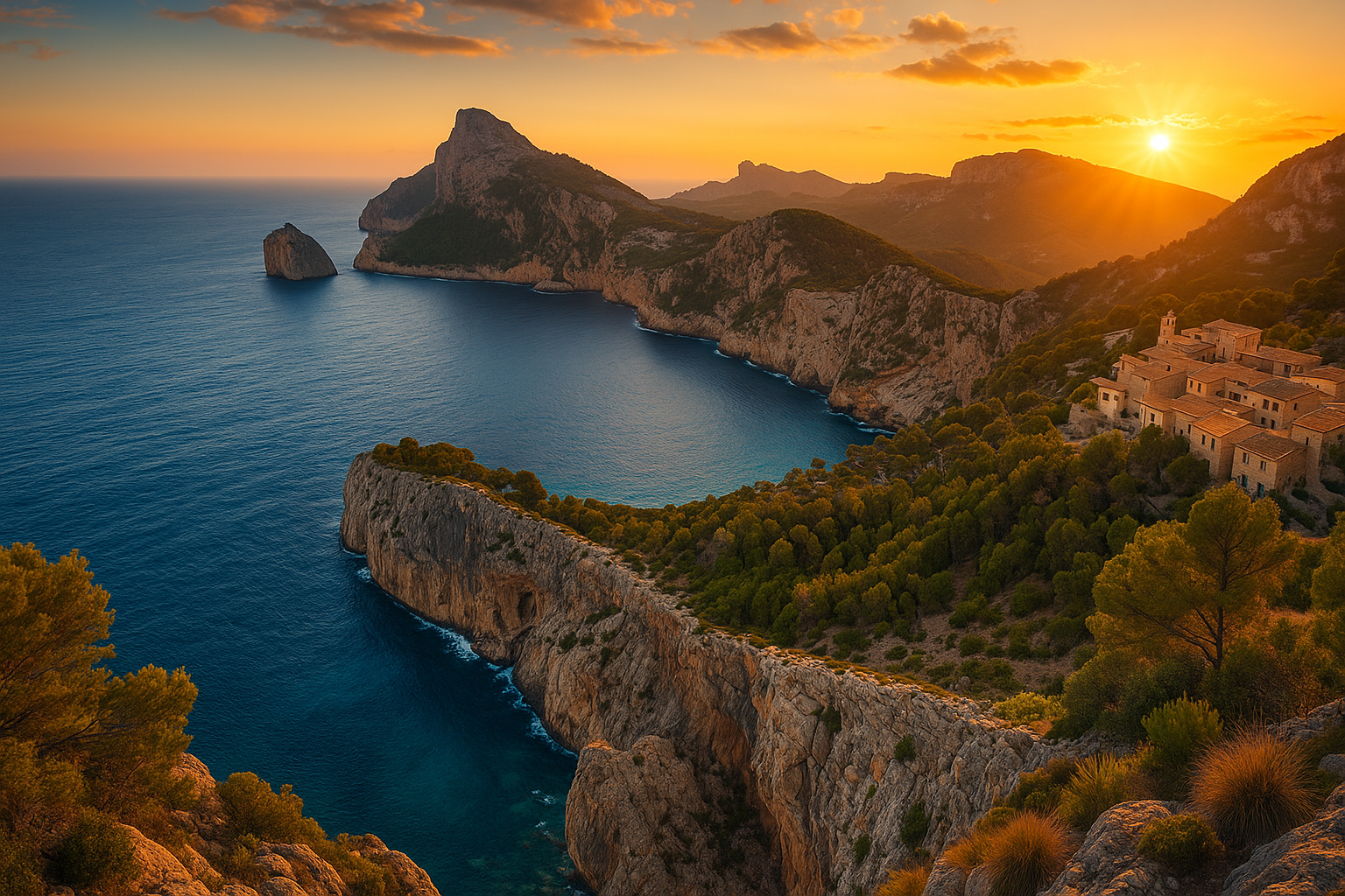 „Zwei Personen stehen entspannt vor einem historischen Gebäude auf Mallorca an einem sonnigen Oktobertag. Im Hintergrund leuchtet der blaue Himmel – das milde Wetter im Herbst lädt zum Entdecken der Insel ein.“